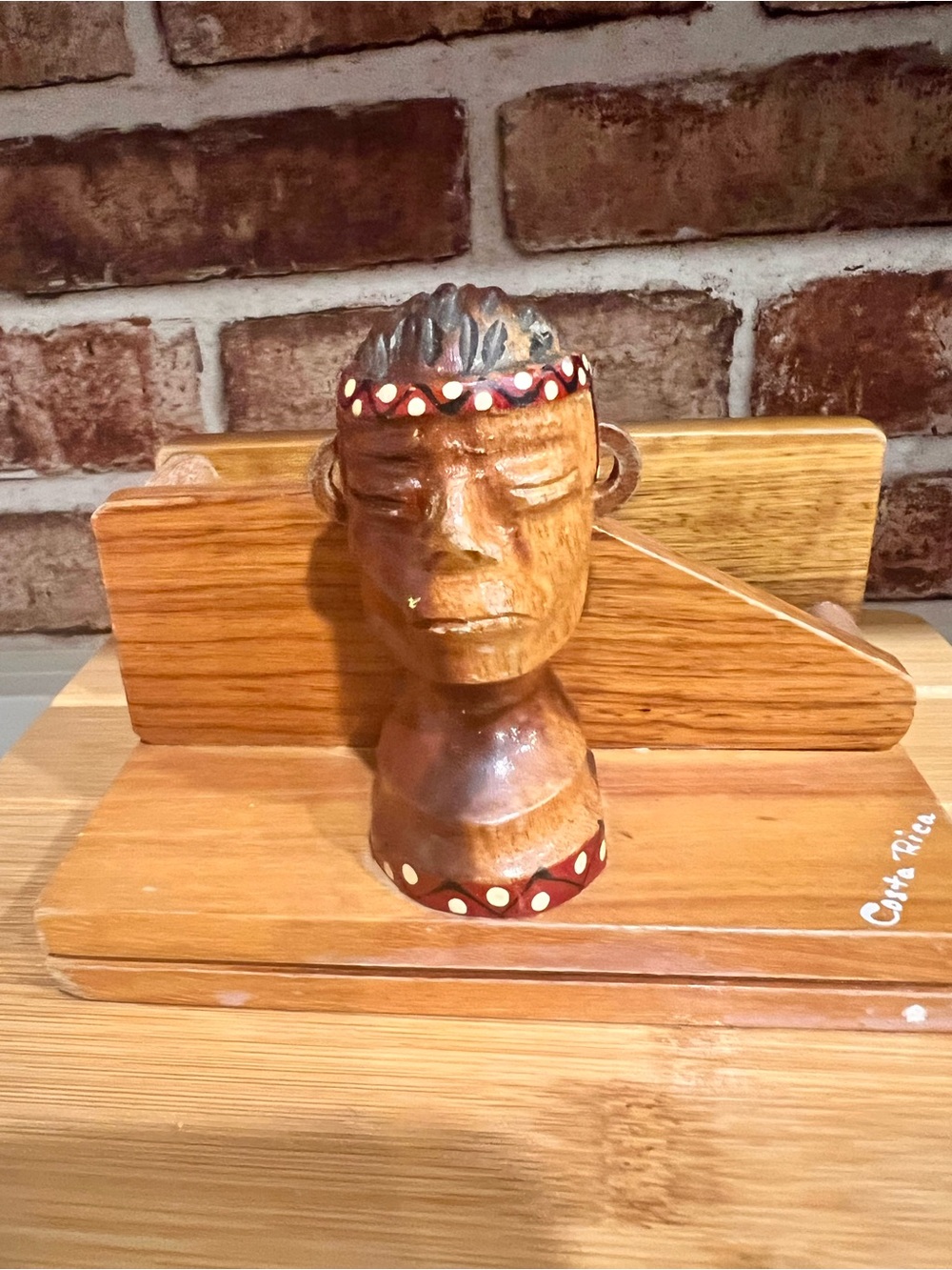 Hand-Carved Wooden Tribal Bust Sculpture napkins holder - Brown